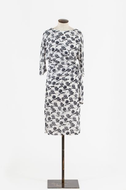 null LANVIN : White acetate dress with stylized landscapes, short sleeves, lace forming...