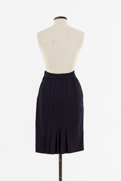 null MUGLER : High waist straight skirt, knee length in navy blue wool crepe, flat...