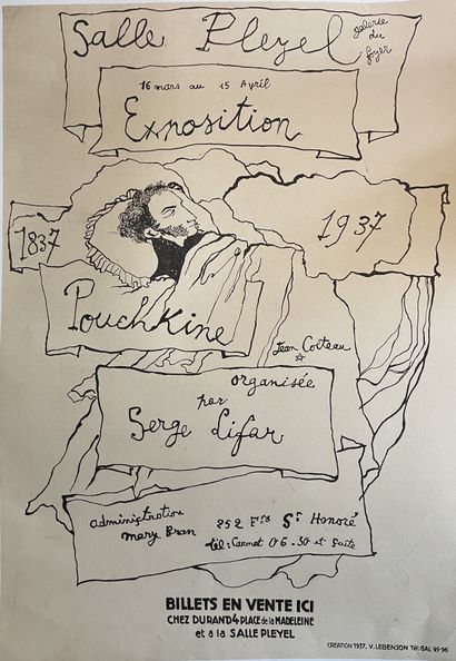 null Cocteau Jean (1889-1963) Célèbre affiche de l'exposition " Pouchkine 1837 -...