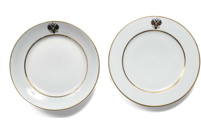 null Two plates coming from the table service of the imperial family, in white porcelain,...