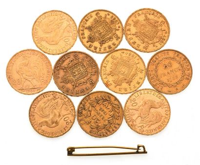 null Lot de 10 pièces de 20 francs or comprenant une au Génie 1889, quatre Marianne...