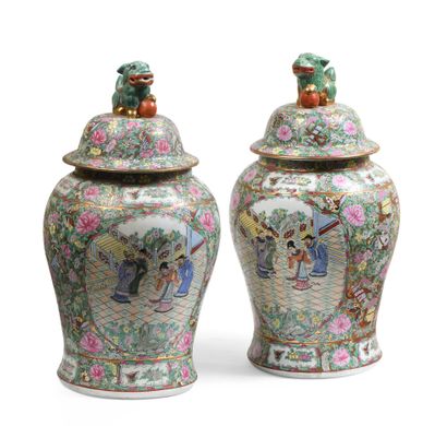 null CHINA, Canton - Modern A pair of polychrome enameled porcelain covered potiches...