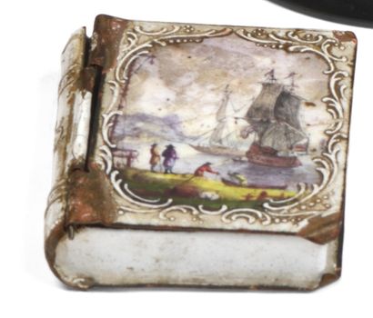 null Enameled metal fly box or snuff box simulating a book, with polychrome decoration...
