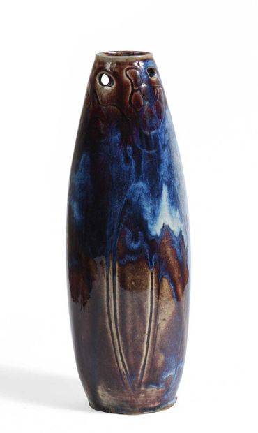 null LACHENAL Raoul (1885-1956) Elongated stoneware ovoid vase with blue and brown...