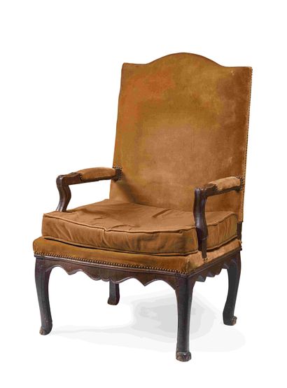 null Natural wood molded armchair with curved flat back, recessed armrests, curved...