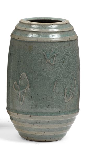 null LACROIX Pascal Stoneware cylindrical vase, green celadon glaze. Decorated in...