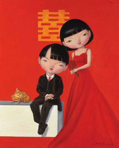null CHENG XU (20th-XXIst) Couple and cat Acrylic on canvas. Signed lower right....