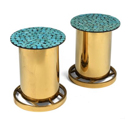 null MODERN WORK Pair of cylindrical brass sofa ends, top decorated with turquoise...
