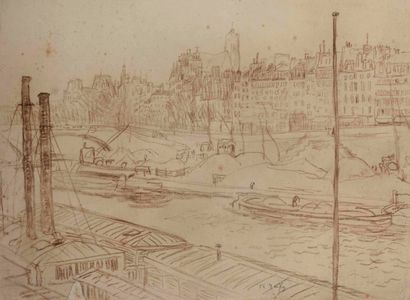  Raoul DUFY (1877-1953) Péniches et quai de Seine, circa 1903-1904 Crayon bistre... Gazette Drouot