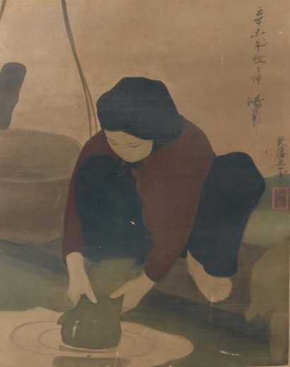 null N?Guyen Phan Cham Femme au lavoir Peinture sur soie. 63,5 x 50 cm