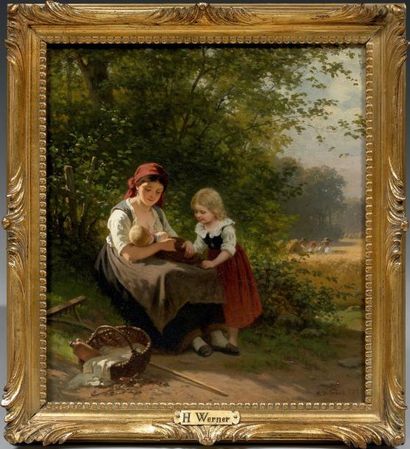 Hermann WERNER (1826-1905) Paysanne allaitant Huile sur toile signée en bas à droite...