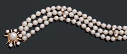 null Bracelet trois rangs de perles de culture, le fermoir et les barrettes intercalaires...