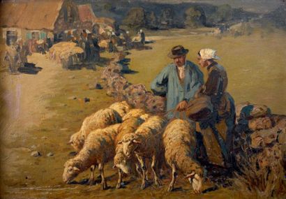 PLAUZEAU Alfred (Avanton 1875-Hendaye 1918) Couple de berger et son troupeau Huile...