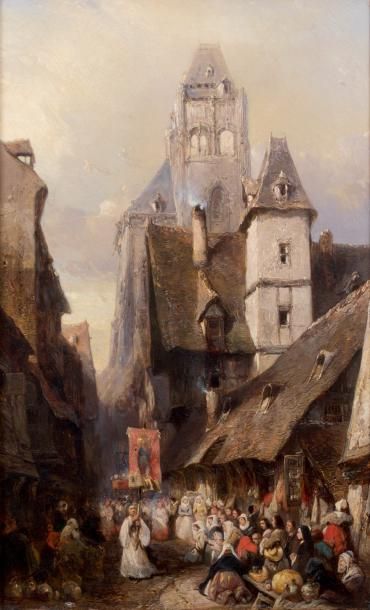Eugène ISABEY (1803-1886) Procession à Rouen Huile sur toile signée en bas à gauche....