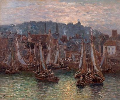 Maurice COURANT (1847-1926) Le port de Honfleur Huile sur toile signée en bas à gauche....
