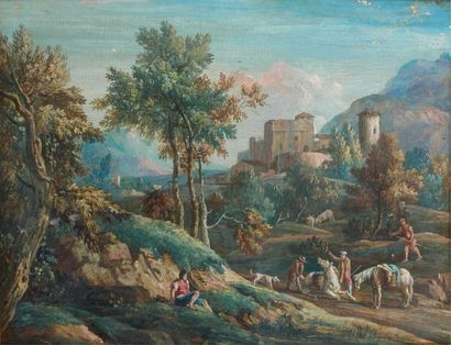 Marco RICCI (1676-1730), attribué à Paysage de la Vénétie avec des villageois en...