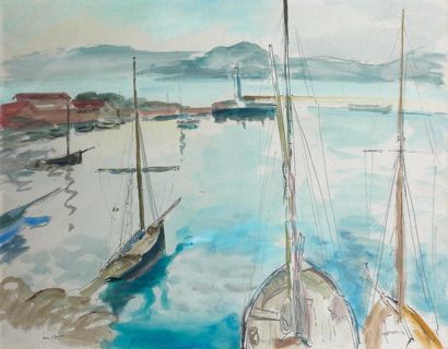 Jean LAUNOIS (1898-1942) Bateaux à Saint-Tropez, circa 1922 Aquarelle et encre signée...