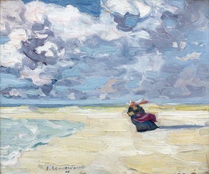 Jean-Julien LEMORDANT (1878-1968) Bretonne sur la plage, 1906 Huile sur panneau,...