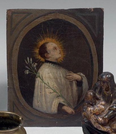 null Saint martyre, petite peinture sur cuivre, le saint dans un médaillon, tenant...