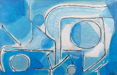 Gustave BOLIN (1920-1999) Bleu avec traits noirs Gouache marouflée sur toile signée...