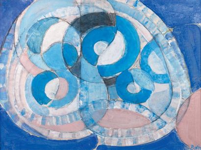 Gustave BOLIN (1920-1999) Ronds bleus Gouache marouflée sur toile, signée en bas...