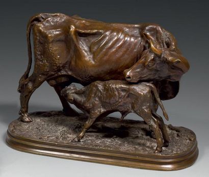 Pierre-Jules Mene (1810-1879) Vache et veau allaitant Epreuve en bronze patiné. Signée...