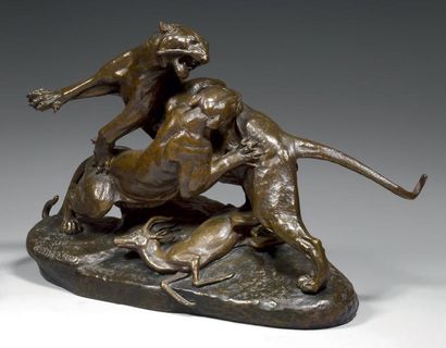 Clovis-Edmond MASSON (1838-1913) Combat de tigres et antilope Epreuve en bronze patiné....