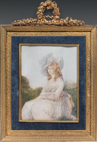 École Française du XIXe siècle Portrait de jeune femme brune en robe blanche et chapeau...