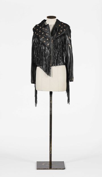 null ANONYMOUS: Black perfecto-style faux-leather jacket, long sleeves with bangs,...