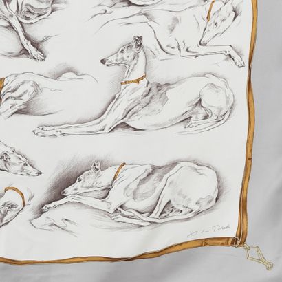  HERMES Paris: cream silk twill square decorated with greyhounds, grey border, signed... Gazette Drouot