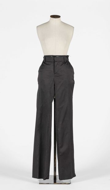 null Cavalli: Black cotton straight-leg pants. Front zip and hook closure. Two side...