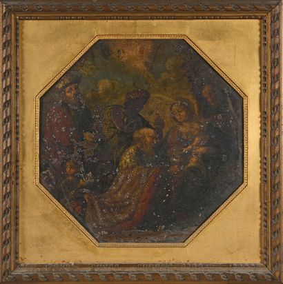 null ECOLE FRANCAISE DU XVIIe siècle Adoration des mages Huile sur cuivre de forme...