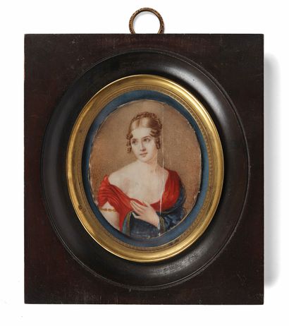 null Ecole française, dans le goût du 1er Empire Portrait de femme à la robe rouge...