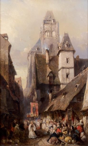 Eugène ISABEY (1803 - 1886) Procession à Rouen Huile sur toile, signée en bas à gauche....