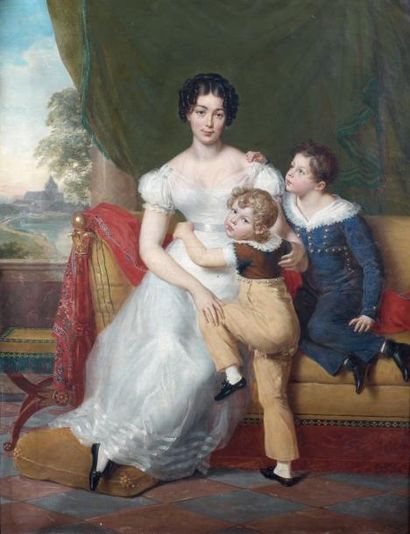 BERTHON René Théodore (Tours 1776 - Paris 1859) Portrait d'une jeune femme avec ses...