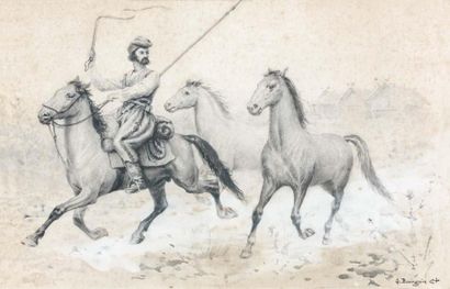 Gustave BOURGAIN (1855-1921) Cosaque menant des chevaux Lavis sur papier maroufle...