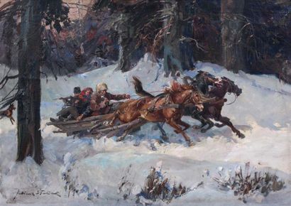 Juliusz Stabiak (1917-1973) Traineau dans la neige Peintre polonais, scenes de genre....