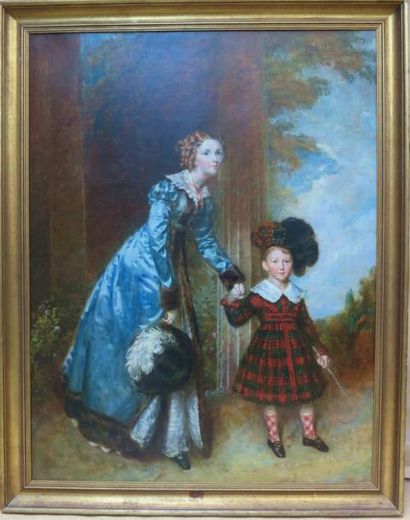 École Française du XIXe siècle Elégante et son enfant en costume d'écossais Huile...