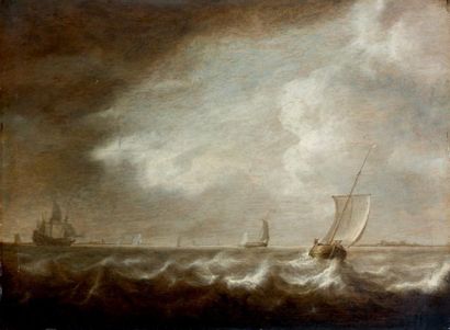 Simon Jacobsz DE VLIEGER (Rotterdam, 1601-Weesp, 1653) Barques et voilier près des...