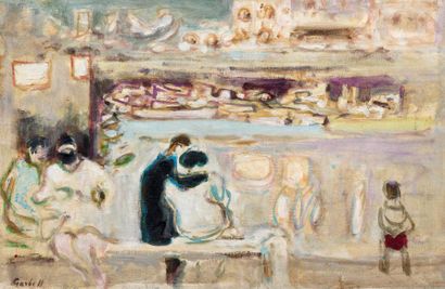 Alexandre GARBELL (1903-1970) Couple sur un banc Huile sur toile, signée en bas à...