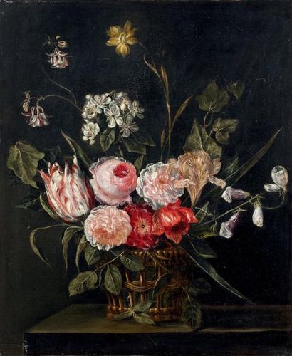 Daniel SEGHERS (1590-1661), école de Corbeille de fleurs sur un entablement Huile...
