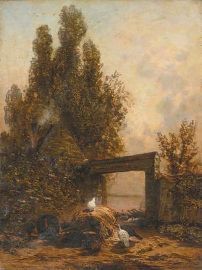 Godefroy DE HAGEMANN (c.1820-1877) Paysage aux coqs Huile sur toile, signée en bas...