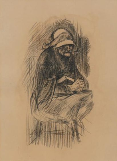 Félicien ROPS (Namur 1833 - Corbeil 1898) Femme assise les mains jointes Pierre noire,...