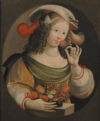 ÉCOLE FRANÇAISE de la première moitié du XVIIe siècle Jeune fille au bouquet de fleurs...
