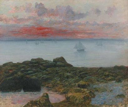 Maurice François A. COURANT (1847-1926) Bateaux, soleil couchant Huile sur toile,...