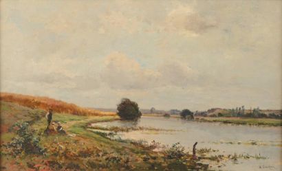 Adrien Jacques SAUZAY (1841-1928) Bord de rivière Huile sur toile, signée en bas...