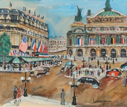 Lucien GENIN (1894-1953) Place de l'Opéra - Paris Fusain, aquarelle et gouache sur...