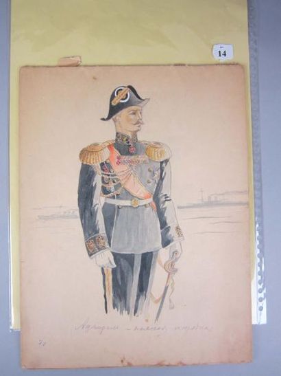 null Série de 13 planches originales sur la Marine russe. 1914. Crayon, aquarelle,...