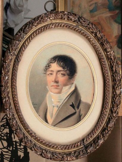 Pierre-Paul PRUD'HON (1758-1823) Portrait d'homme en redingote bleue Lavis de brun,...