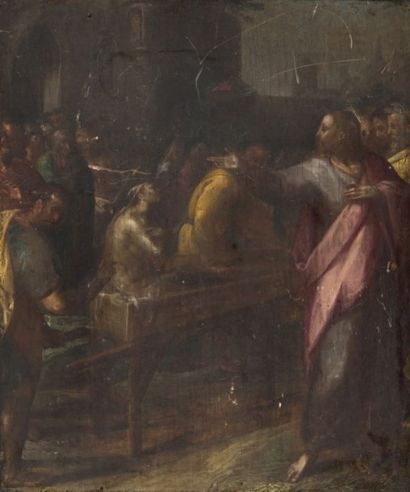Karel van MANDER, (1548 - 1606), attribué à La résurrection de Lazare Panneau de...